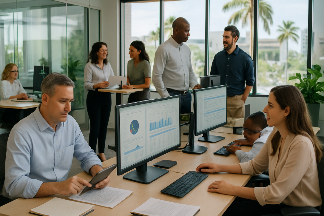 Diverse CPA firm team working efficiently during tax season in South Florida office
