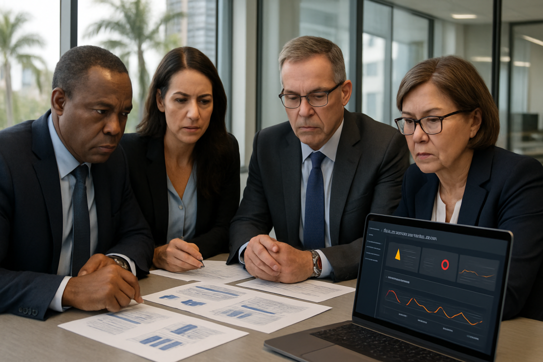 CPA firm partners reviewing compliance report and security findings in South Florida office