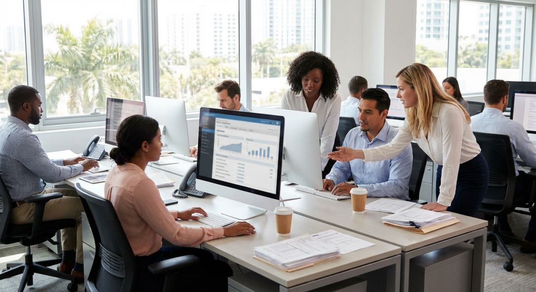 Diverse CPA firm staff working in tax software environment during filing season in South Florida office