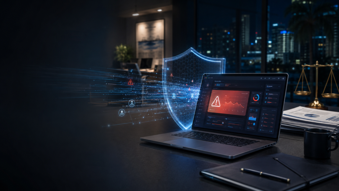 Credential security for law firms and CPA firms shown through a protected business laptop blocking exposed credential data in a professional office.