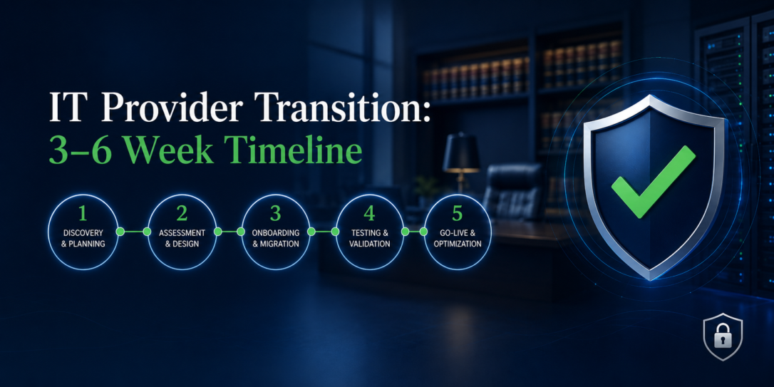 IT provider transition timeline showing five connected phases, a law firm office, and a security shield with a green checkmark.